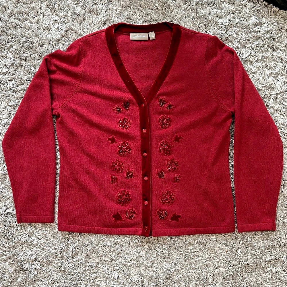 Croft & Barrow Sweater PM Burgundy Wine Floral Beaded Sequin Velvet Grandma